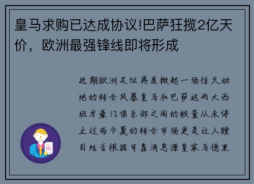 皇马求购已达成协议!巴萨狂揽2亿天价，欧洲最强锋线即将形成