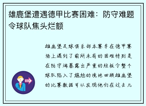 雄鹿堡遭遇德甲比赛困难：防守难题令球队焦头烂额