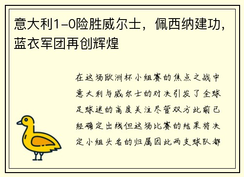 意大利1-0险胜威尔士，佩西纳建功，蓝衣军团再创辉煌