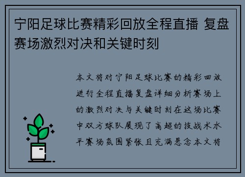 宁阳足球比赛精彩回放全程直播 复盘赛场激烈对决和关键时刻
